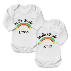 Personalized Organic Baby Bodysuit Set - TWIN Hello World (White & White)