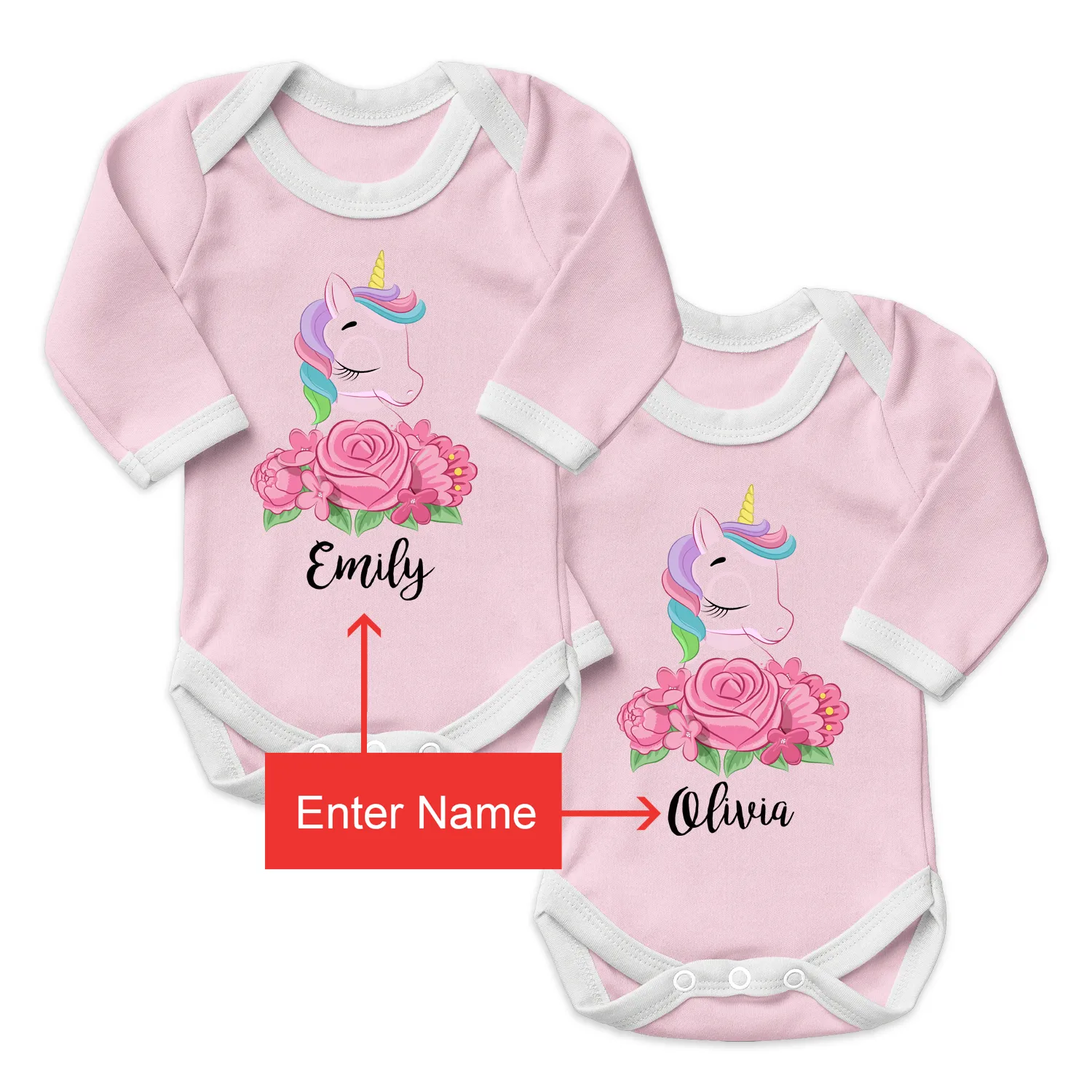 Personalized Organic Baby Bodysuit Set - TWIN Unicorns (Pink & Pink)