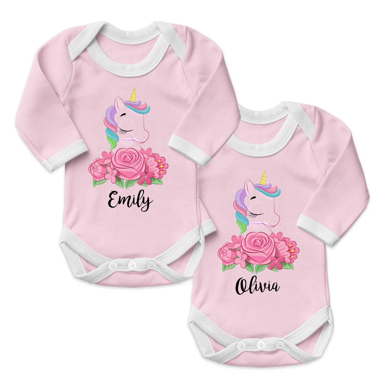 Personalized Organic Baby Bodysuit Set - TWIN Unicorns (Pink & Pink)