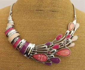 Pink, Purple & Silver Tone Collar Necklace