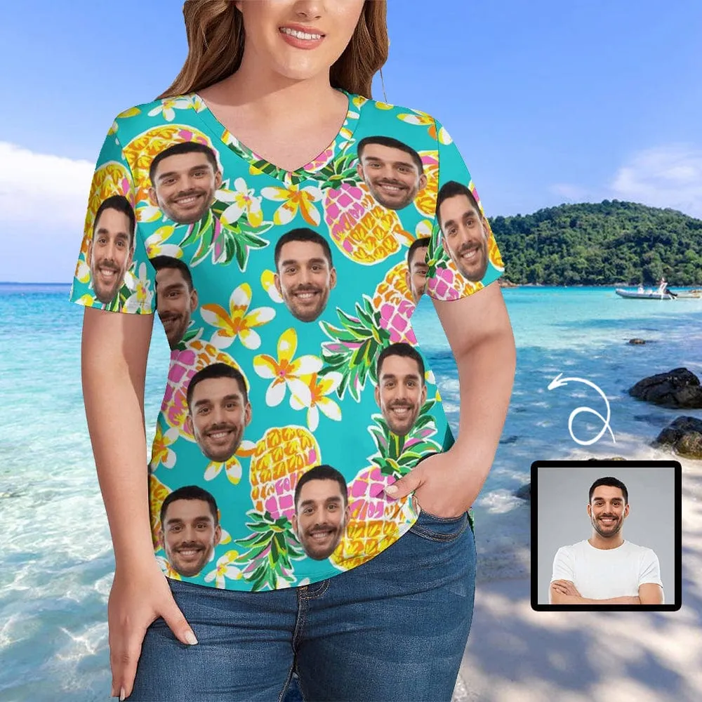 #Plus Size T-shirt-Custom Face Pineapple Plus Size V Neck T-shirt for Her Print Your Own Face on Shirt for Vacation