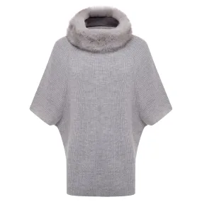 Poncho with Fur Collar - Light Grey