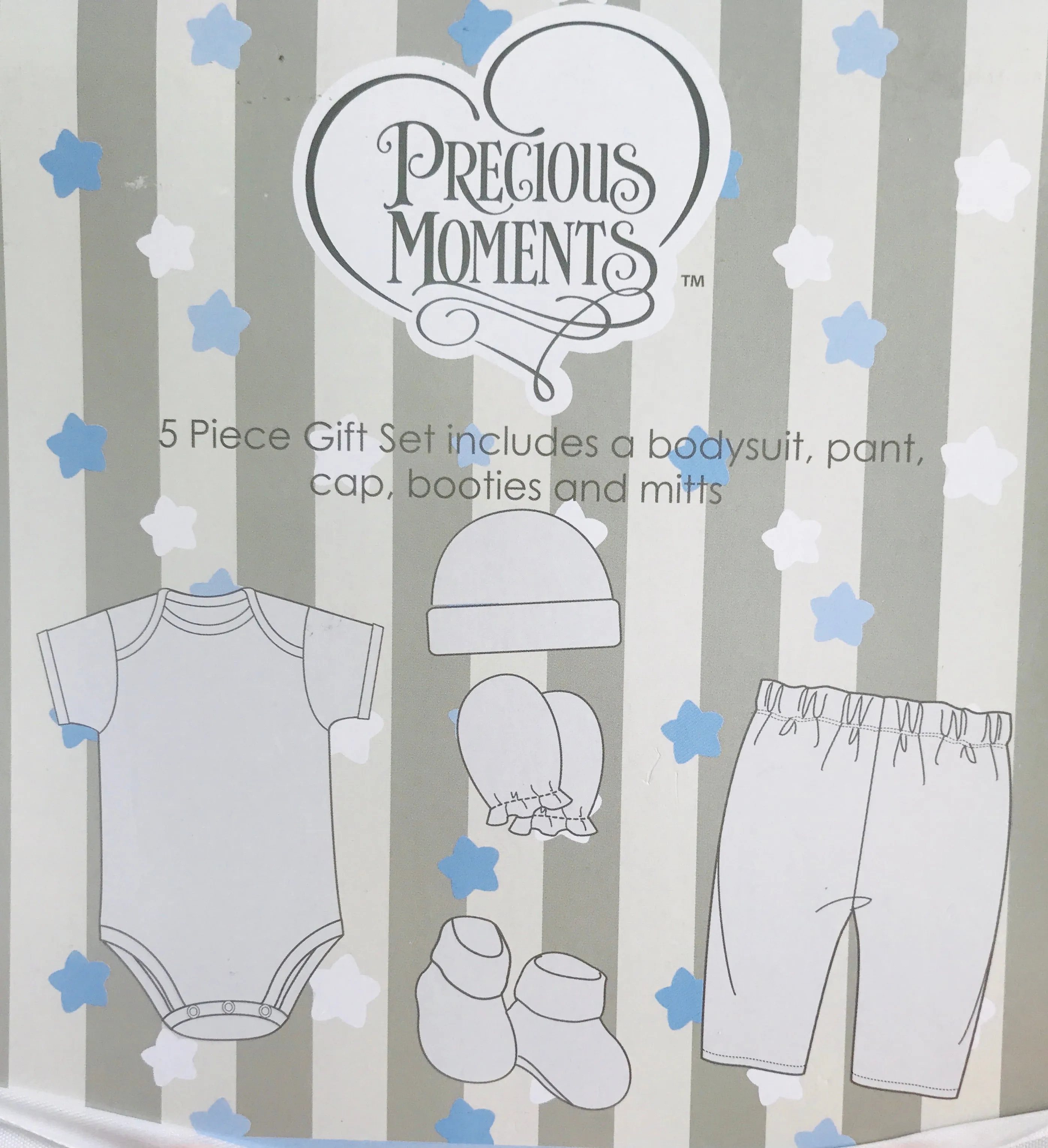 Precious Moments Baby Boy Clothing 5-Piece Blue Layette Gift Set Newborn 0-3 Months - Bodysuit Pants Hat Mitts Booties Boy Hugging a Bear Baby Shower Gift