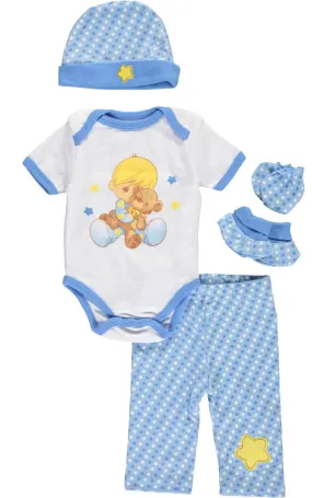 Precious Moments Baby Boy Clothing 5-Piece Blue Layette Gift Set Newborn 0-3 Months - Bodysuit Pants Hat Mitts Booties Boy Hugging a Bear Baby Shower Gift