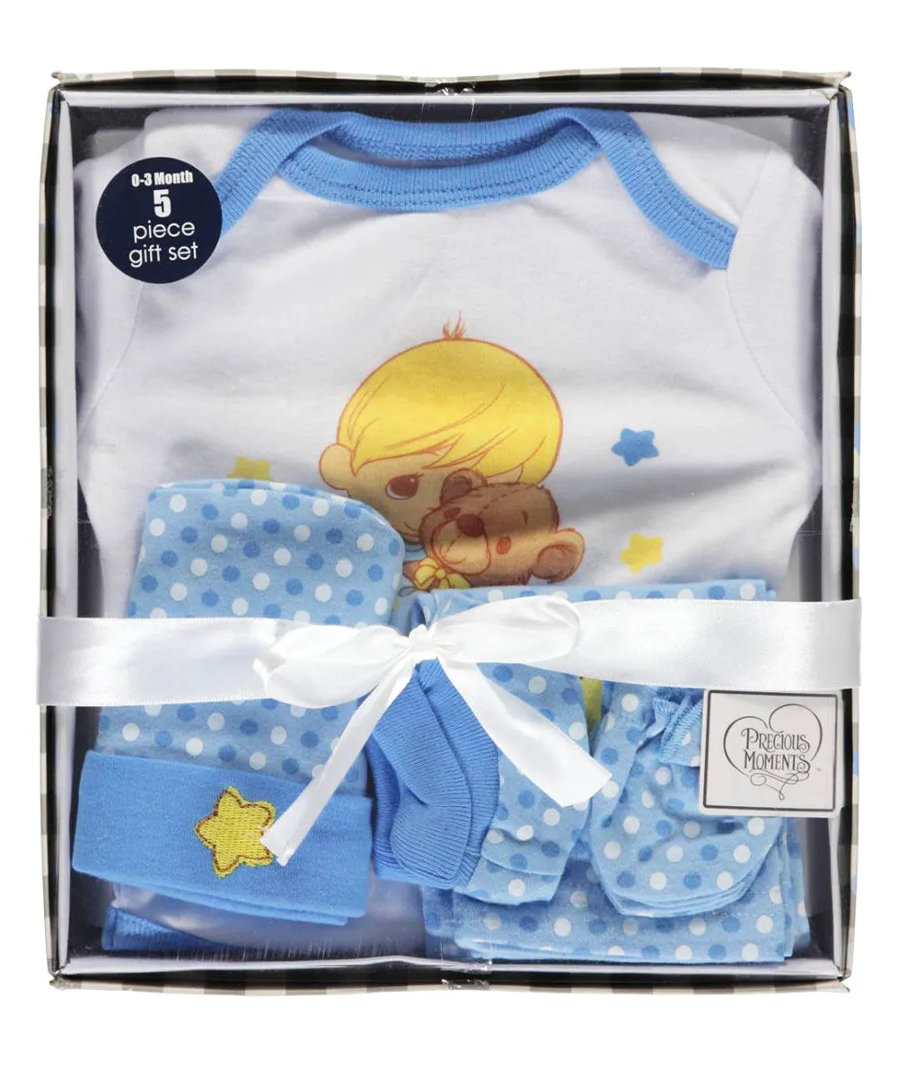 Precious Moments Baby Boy Clothing 5-Piece Blue Layette Gift Set Newborn 0-3 Months - Bodysuit Pants Hat Mitts Booties Boy Hugging a Bear Baby Shower Gift