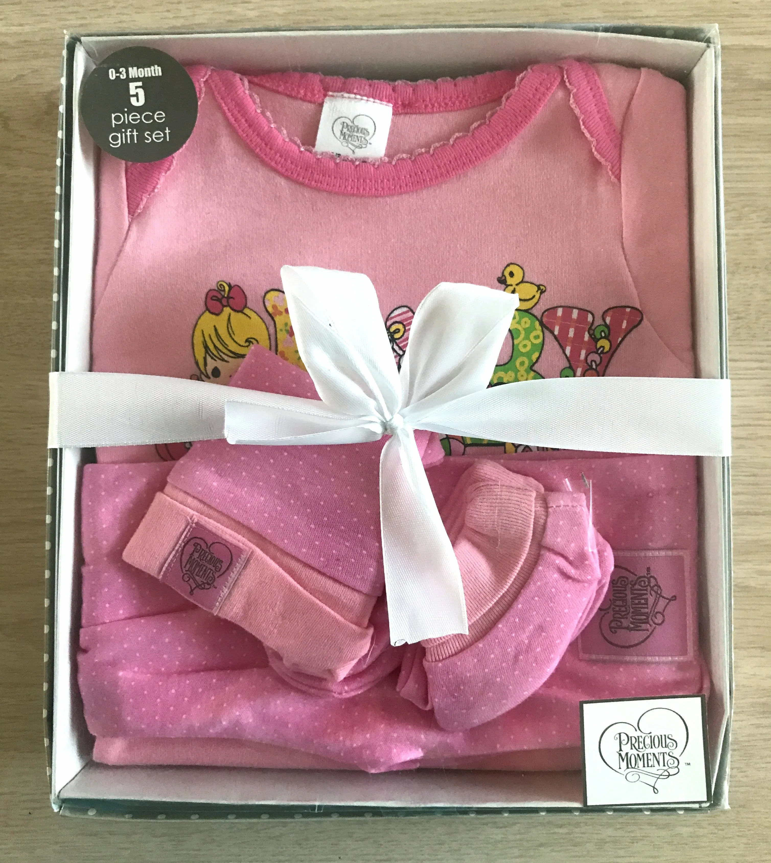 Precious Moments Baby Girl Clothing Outfit 5pc Pink Layette Gift Set Newborn 0-3 Months - Bodysuit Pants Hat Mitts Baby Shower