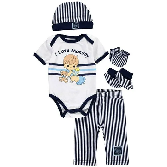 Precious Moments Outfit Baby Boy Clothing I Love Mommy 5-Piece Blue Layette Gift Set 0-3 M - Bodysuit Pants Hat Mitts Booties Baby Shower