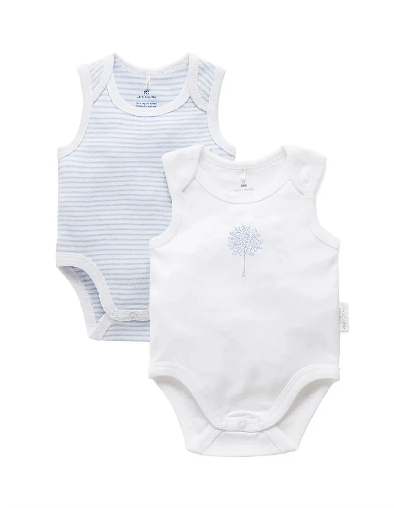 Purebaby Organic 2 Pack Singlet Bodysuit - White/Pale Blue Melange Stripe