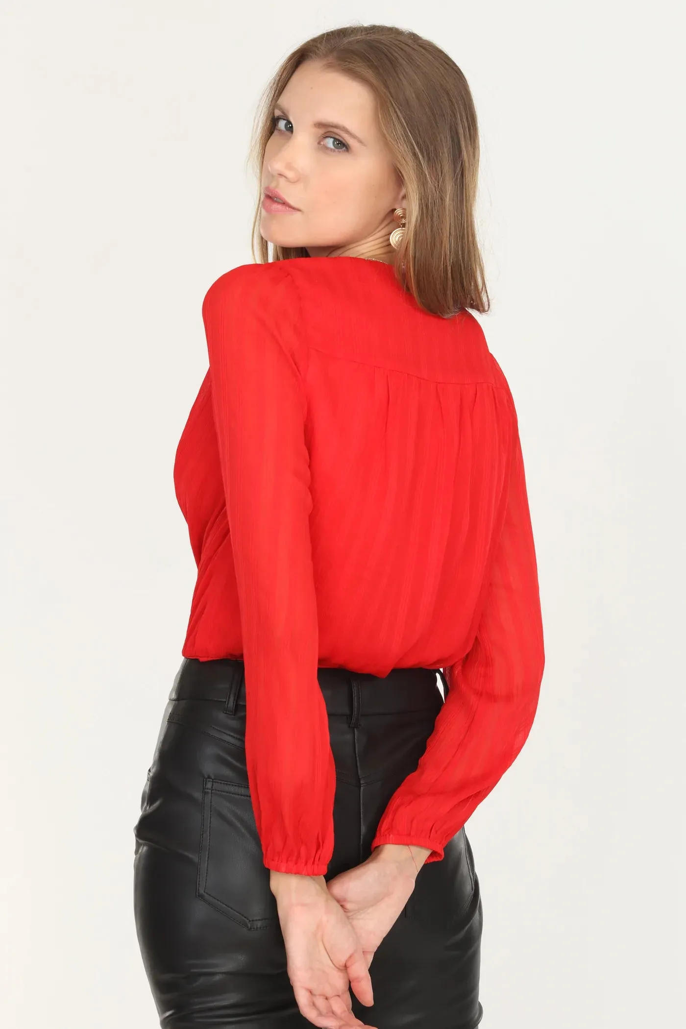 Red Sheer Slv Vneck Afterhour Bodysuit