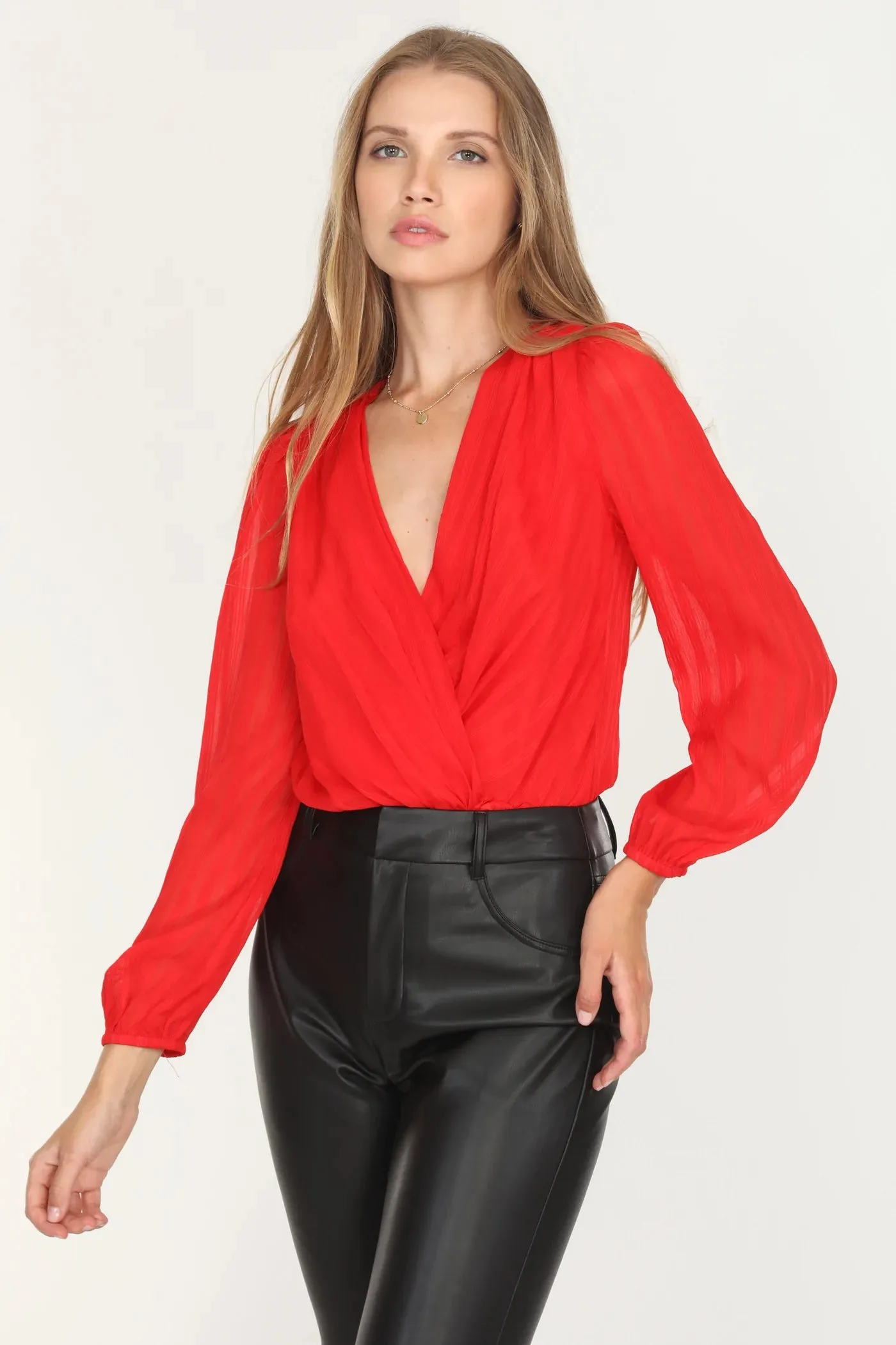 Red Sheer Slv Vneck Afterhour Bodysuit