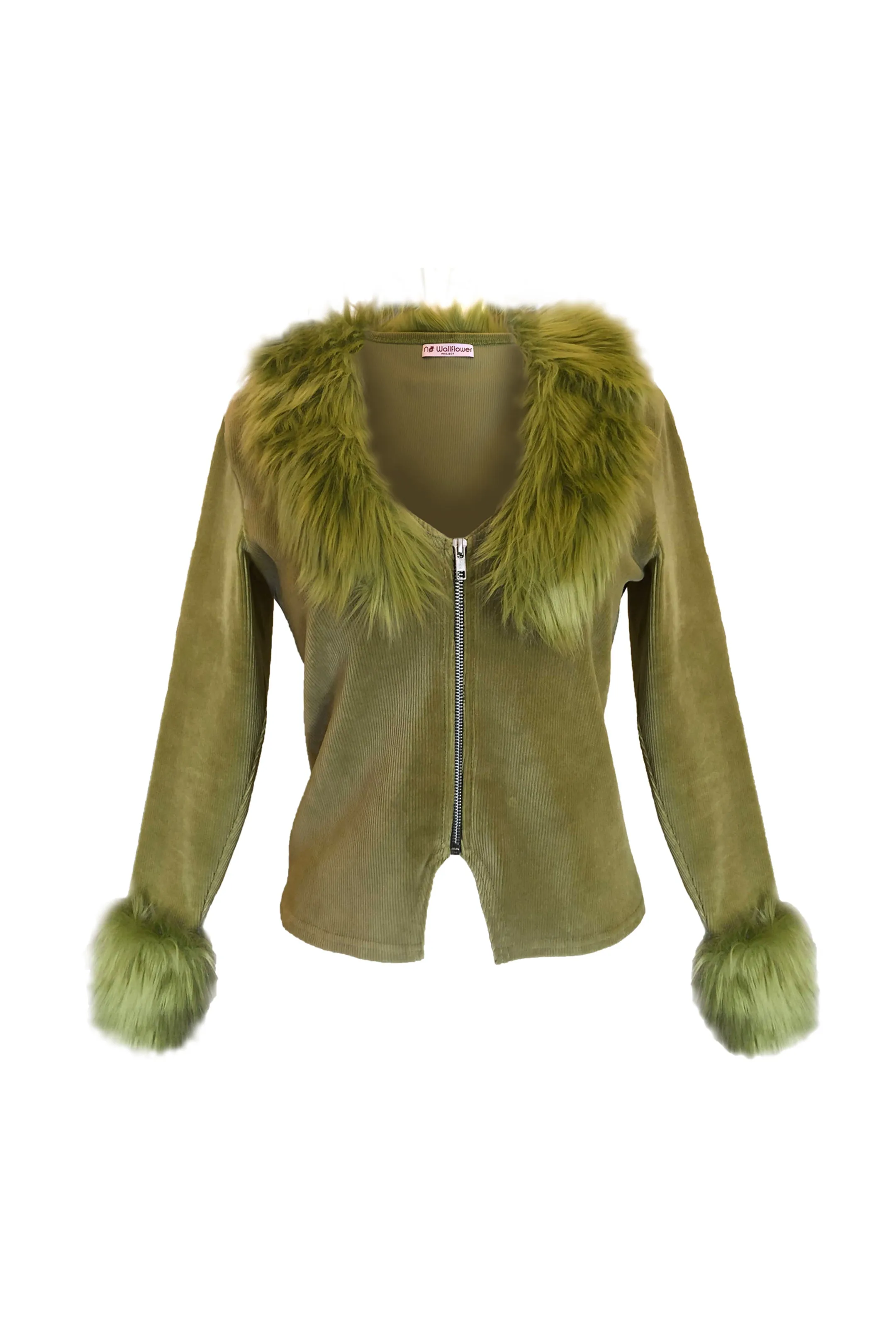 Rib Cotton Velvet Mix & Detachable Faux Fur Cardigan Olive