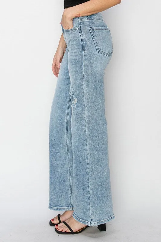 Risen Jeans - High Rise Distressed Detail Wide Leg Jeans - RDP5522