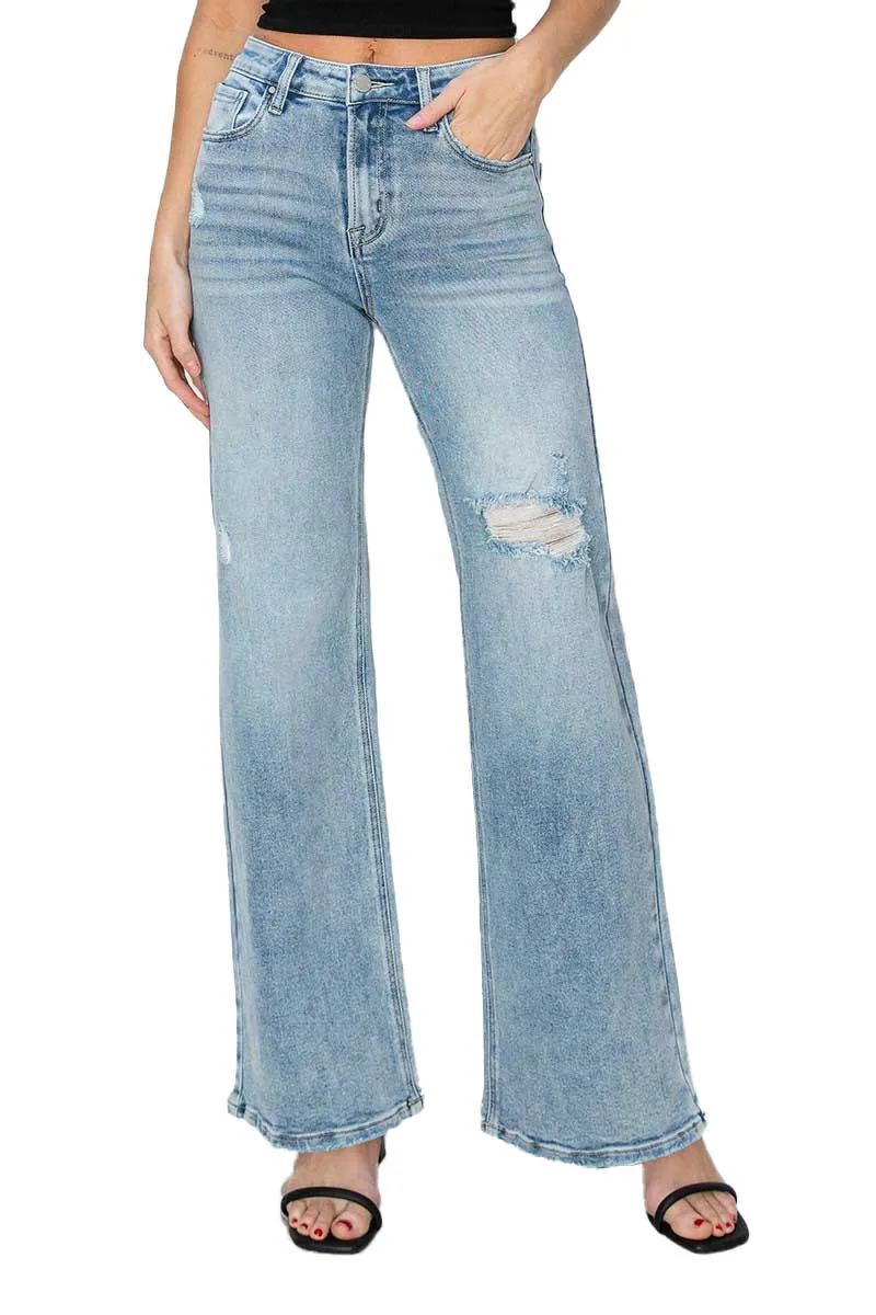 Risen Jeans - High Rise Distressed Detail Wide Leg Jeans - RDP5522