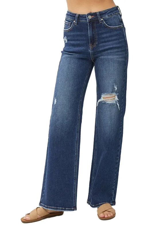 Risen Jeans - High Rise Distressed Detail Wide Leg Jeans - RDP5522