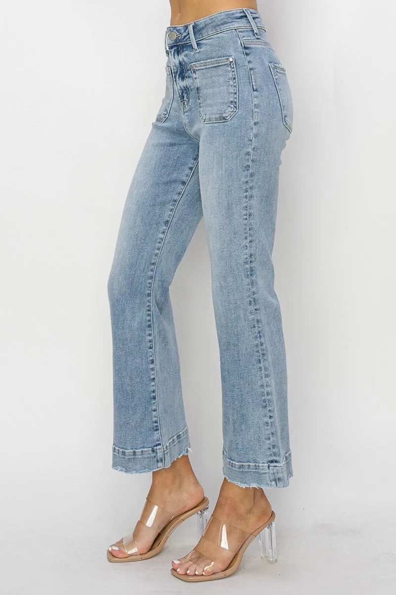 Risen Jeans - High Rise Front Patch Pocket Ankle Flare Jeans - RDP5767