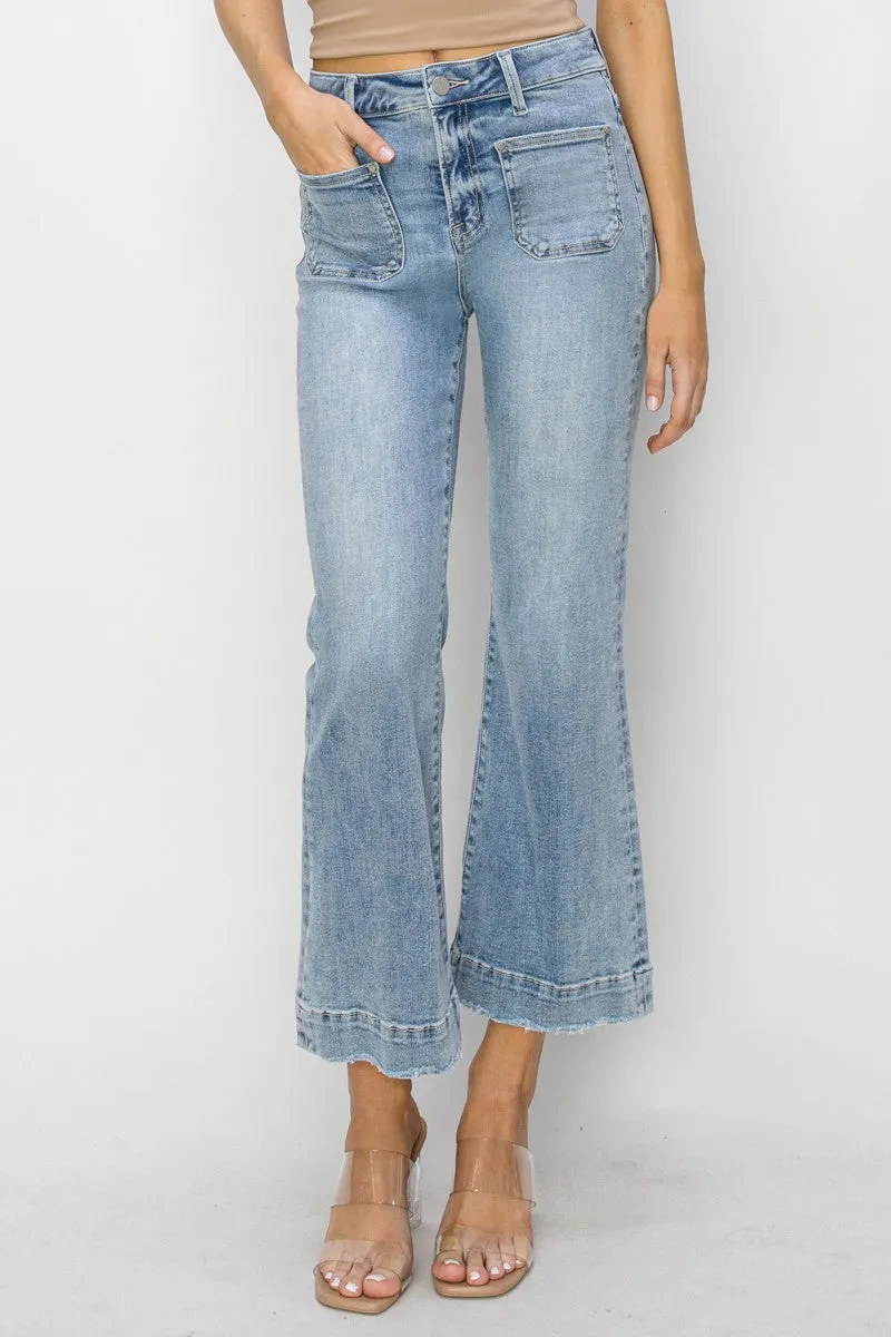 Risen Jeans - High Rise Front Patch Pocket Ankle Flare Jeans - RDP5767