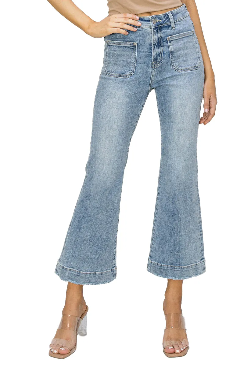 Risen Jeans - High Rise Front Patch Pocket Ankle Flare Jeans - RDP5767