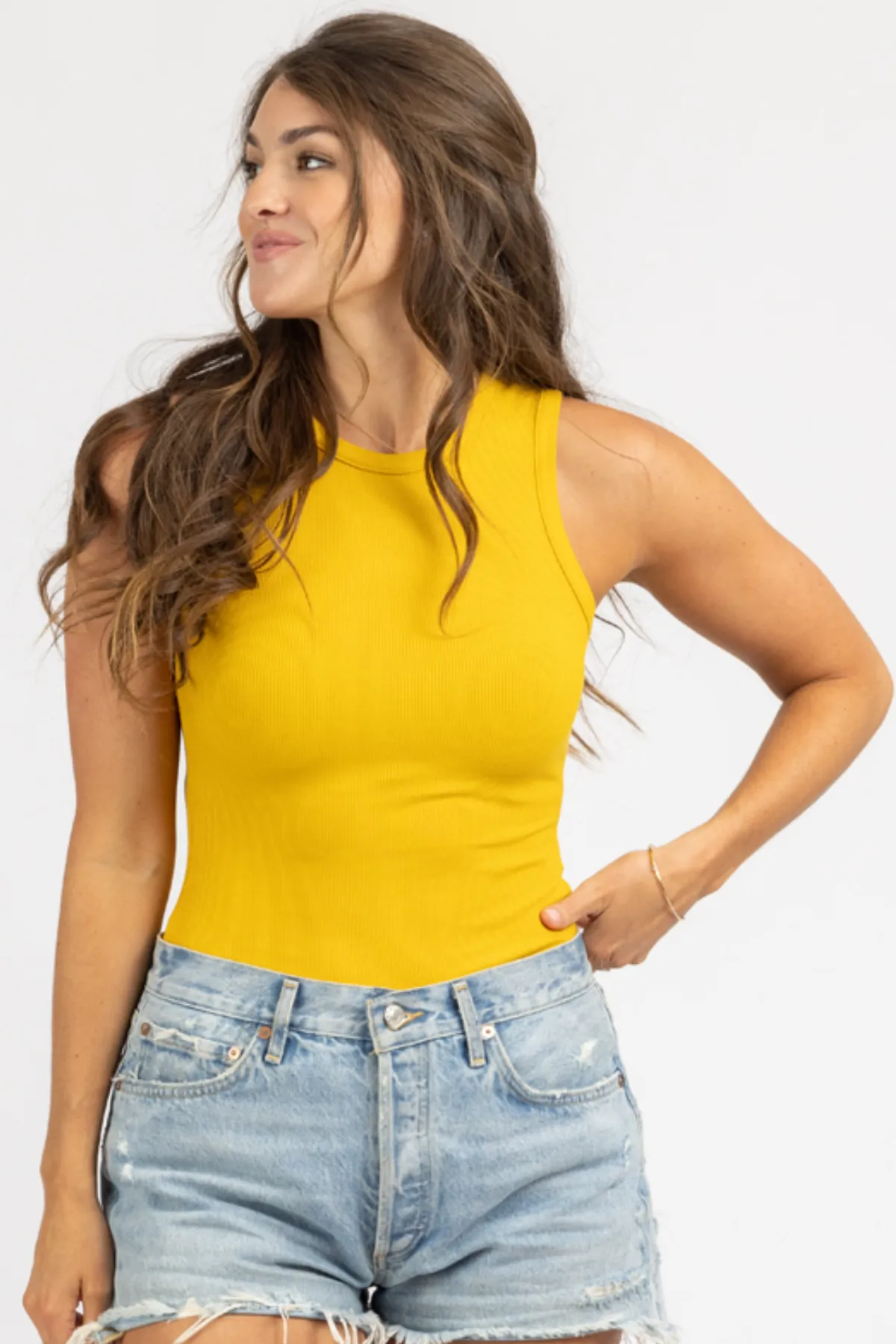 ROUND NECK SLEEVELESS BODYSUIT IN GOLD