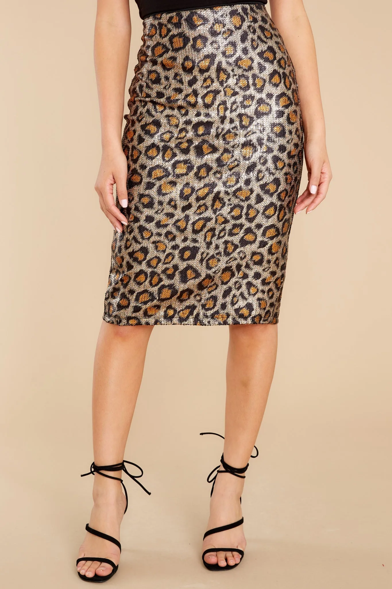 Set The Narrative Gold Leopard Print Midi Skirt