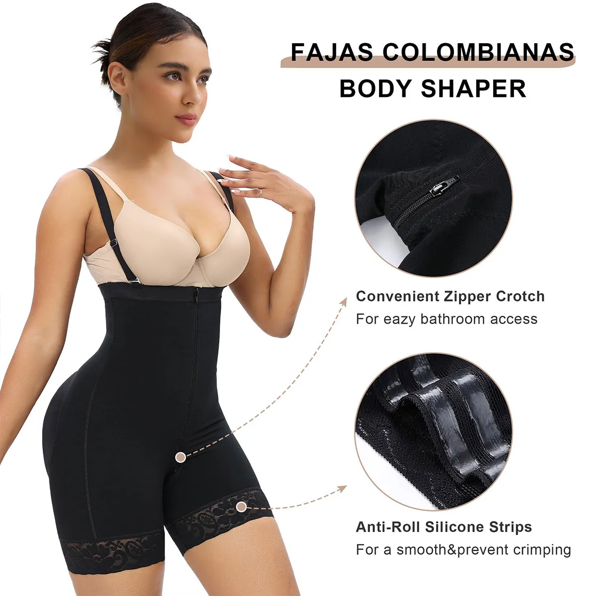 SHAPERX Women's Tummy Control Shapewear Fajas Colombianas Open Bust Body Shaper Bodysuit with Zipper Crotch