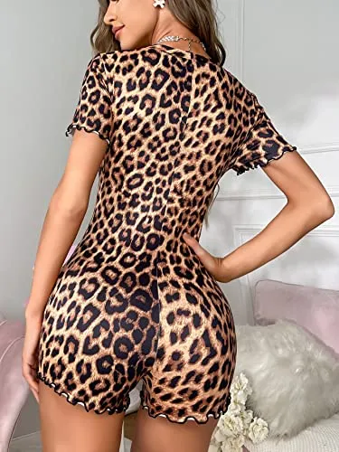 SHENHE Women's V Neck Short Sleeve Romper Playsuit Bodysuit Onesie Pajama Button Up Romper Leopard M