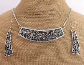 Silver Tone FIligree Rose Collar Necklace & Earrings Set