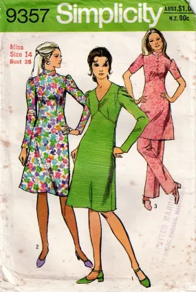 Simplicity 9357 Womens Empire Waisted Dress or Mini & Pants 1970s Vintage Sewing Pattern Size 14 Bust 36 inches