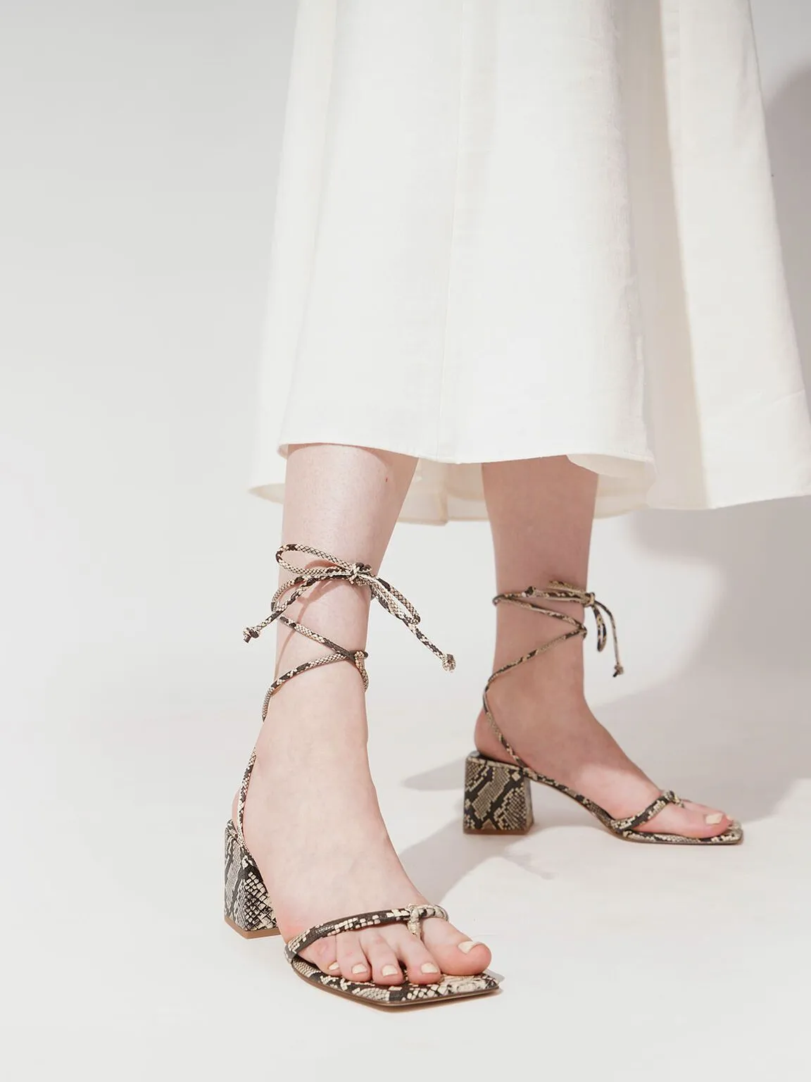 Snake Print Lace Up Block Heel Sandals