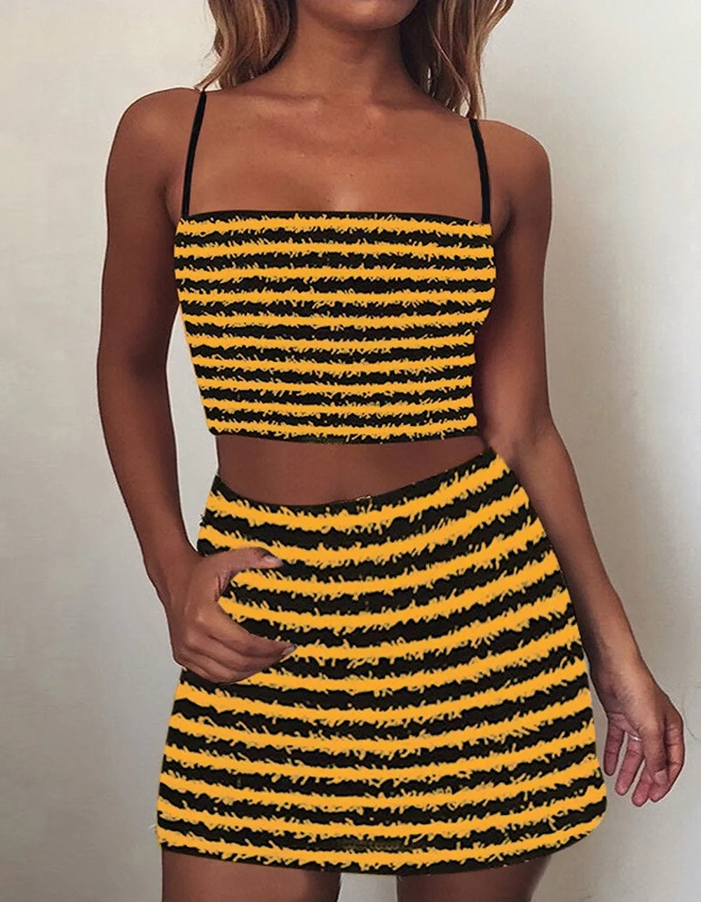 Striped Sling Backless Two-piece Bodycon Skirt Sets