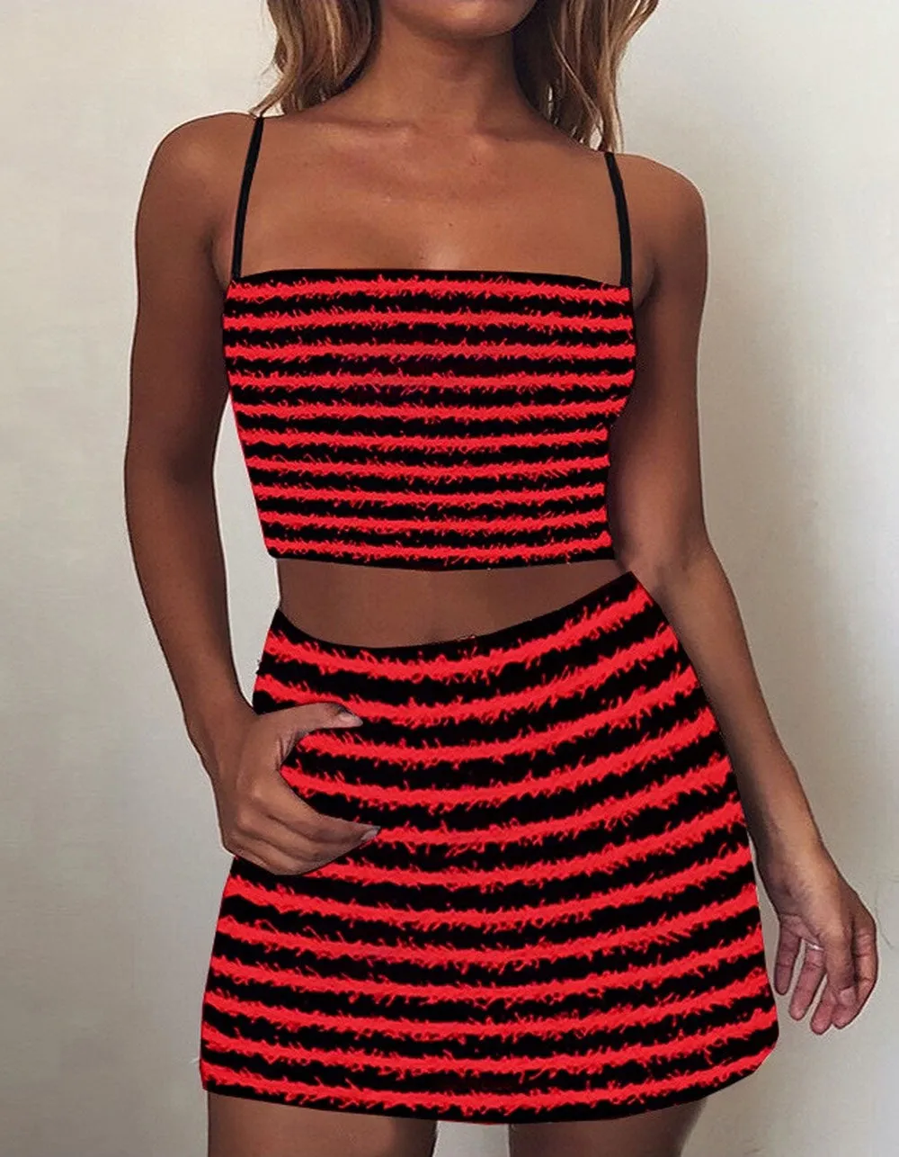 Striped Sling Backless Two-piece Bodycon Skirt Sets