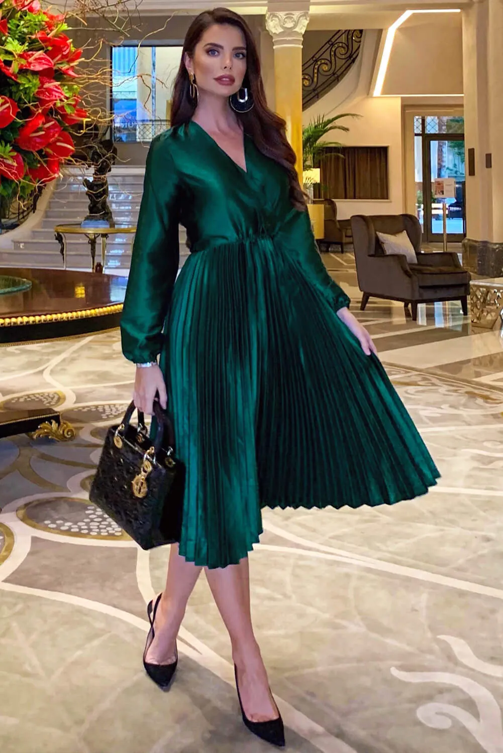 Teal Wrap Pleated Satin Dress