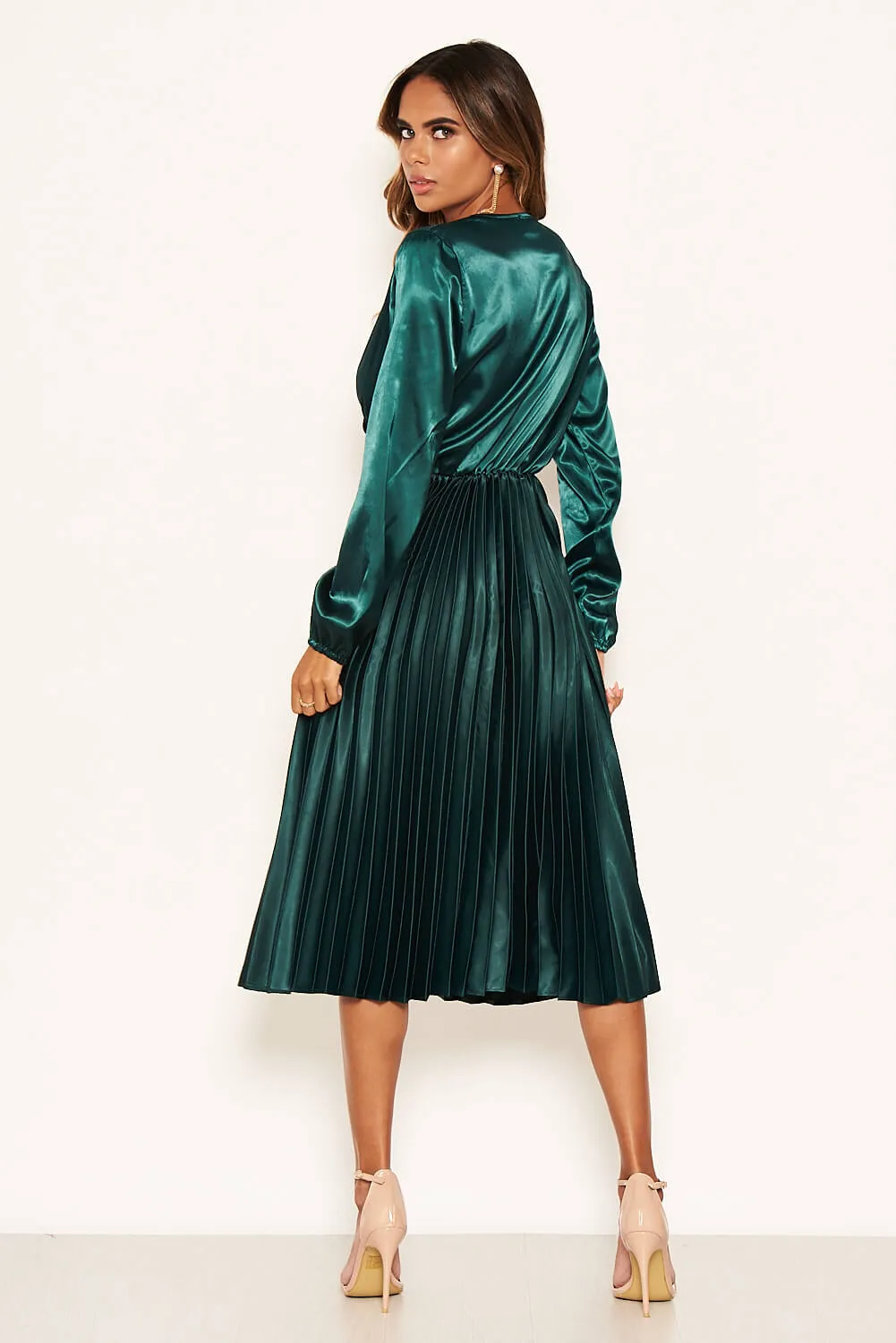 Teal Wrap Pleated Satin Dress