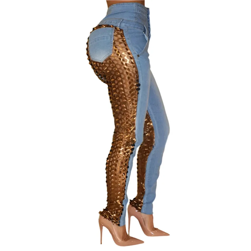 TEEK - Plus Size Gold Contrast Scales Skinny Jeans