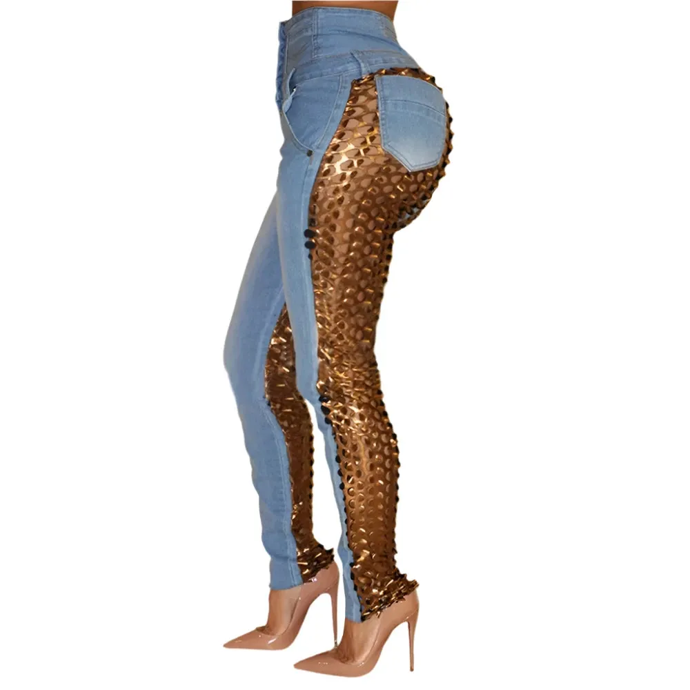 TEEK - Plus Size Gold Contrast Scales Skinny Jeans