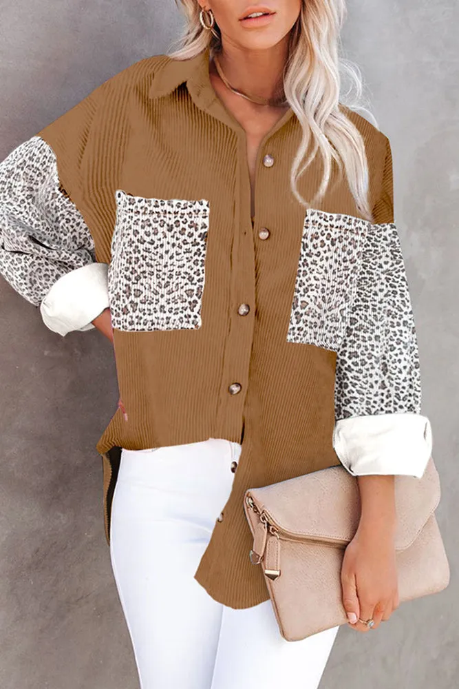 Turn Down Collar Leopard Corduroy Splicing Shacket