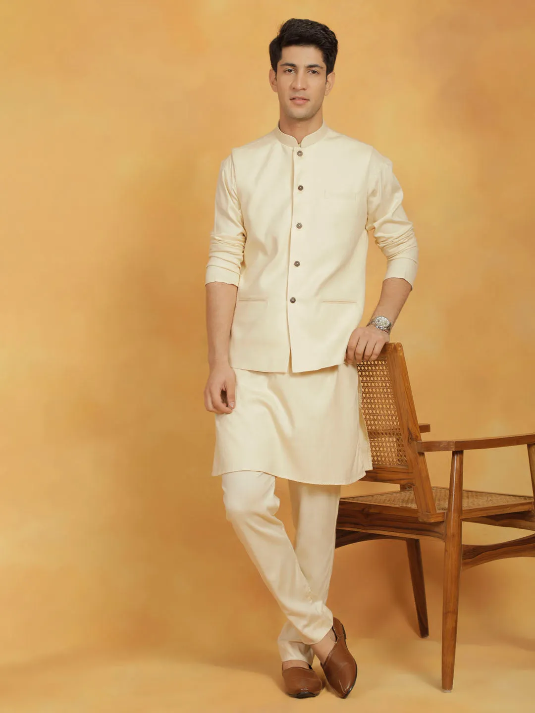 VASTRAMAY Men's Cream Cotton Linen Nehru Jacket