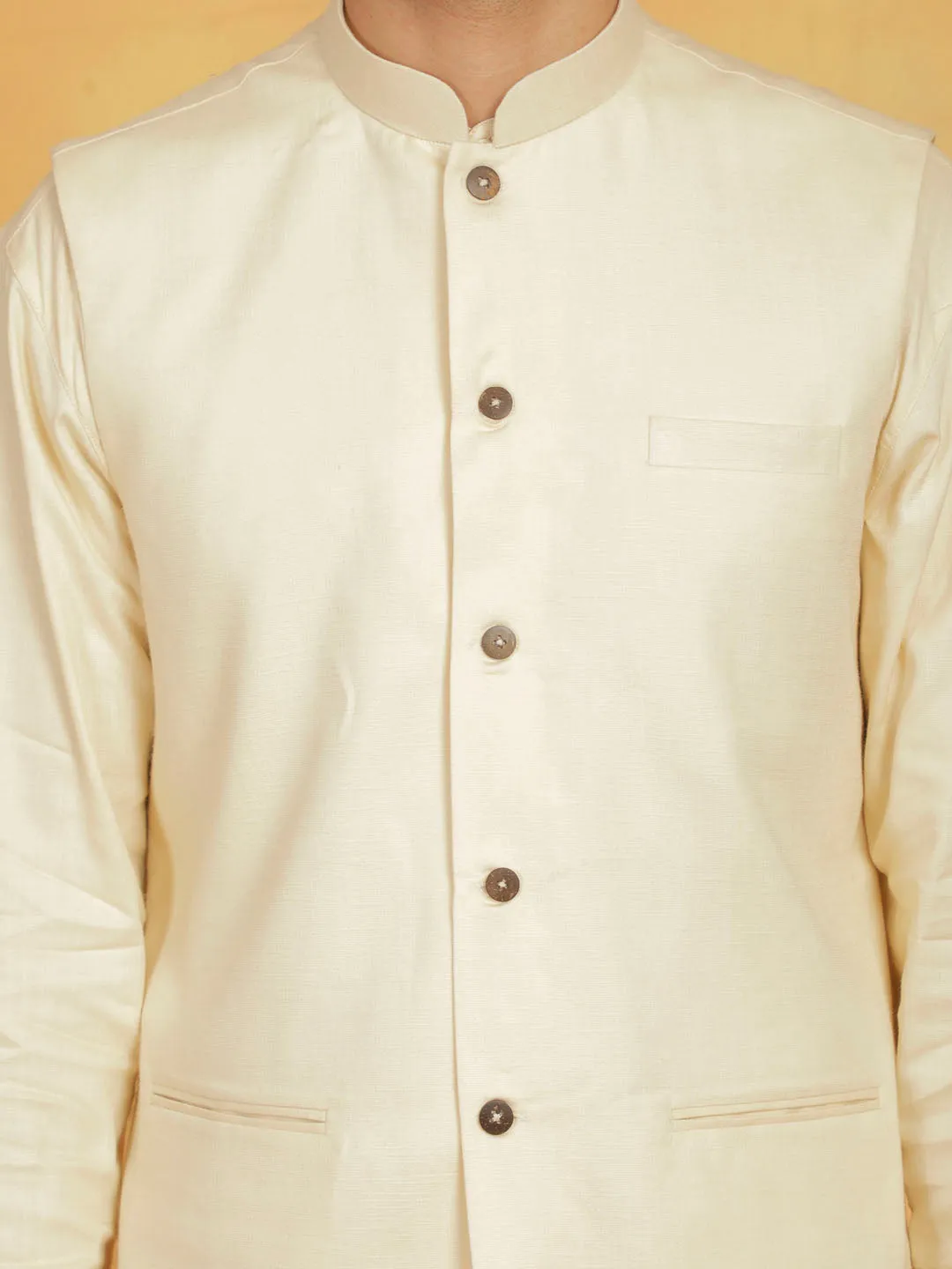 VASTRAMAY Men's Cream Cotton Linen Nehru Jacket