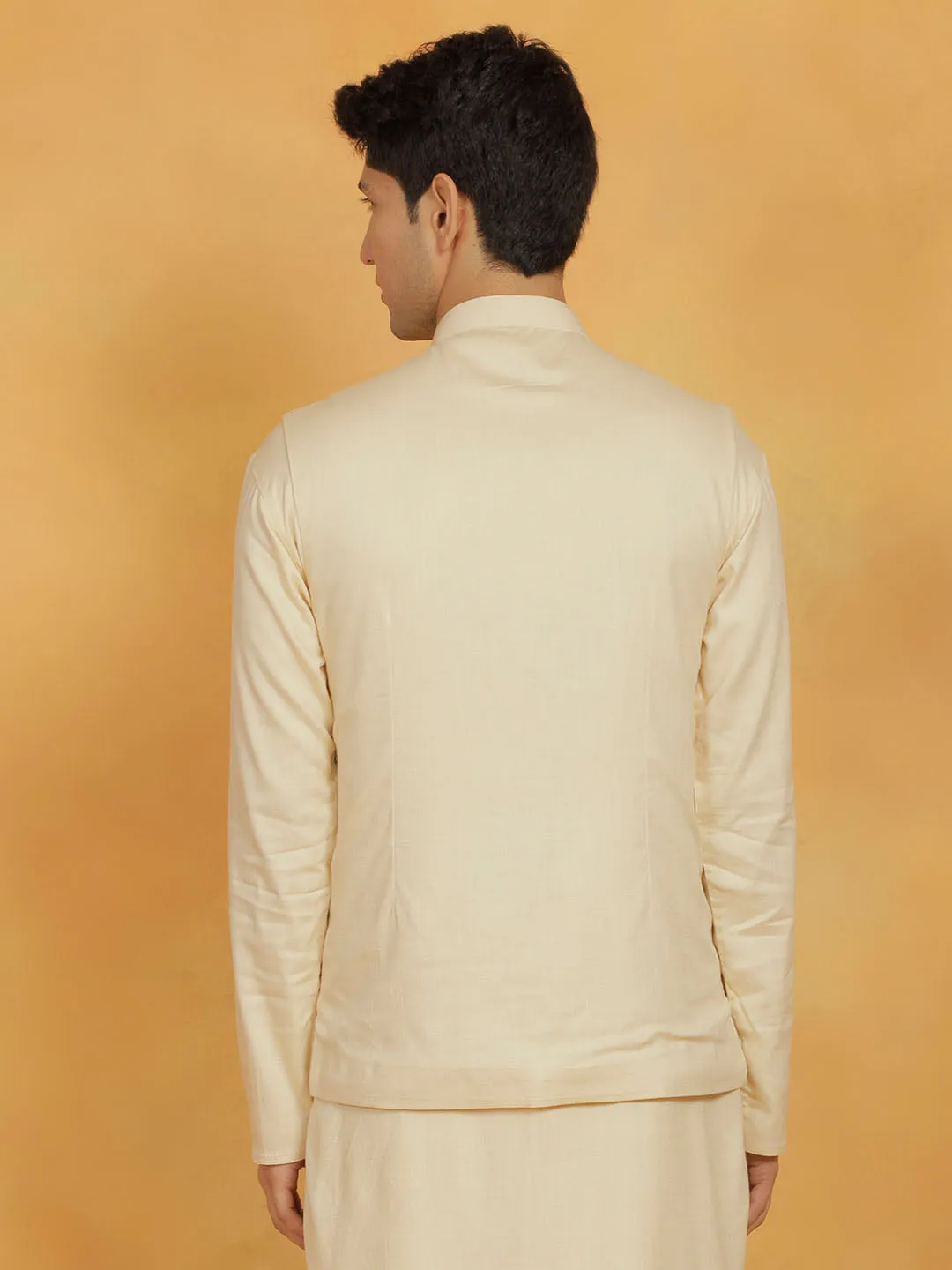 VASTRAMAY Men's Cream Cotton Linen Nehru Jacket