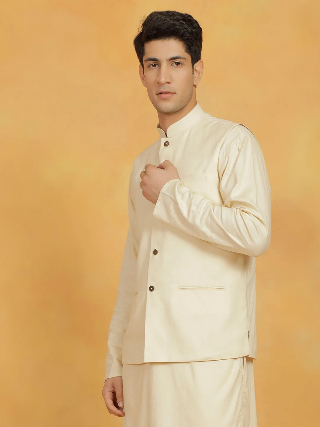 VASTRAMAY Men's Cream Cotton Linen Nehru Jacket