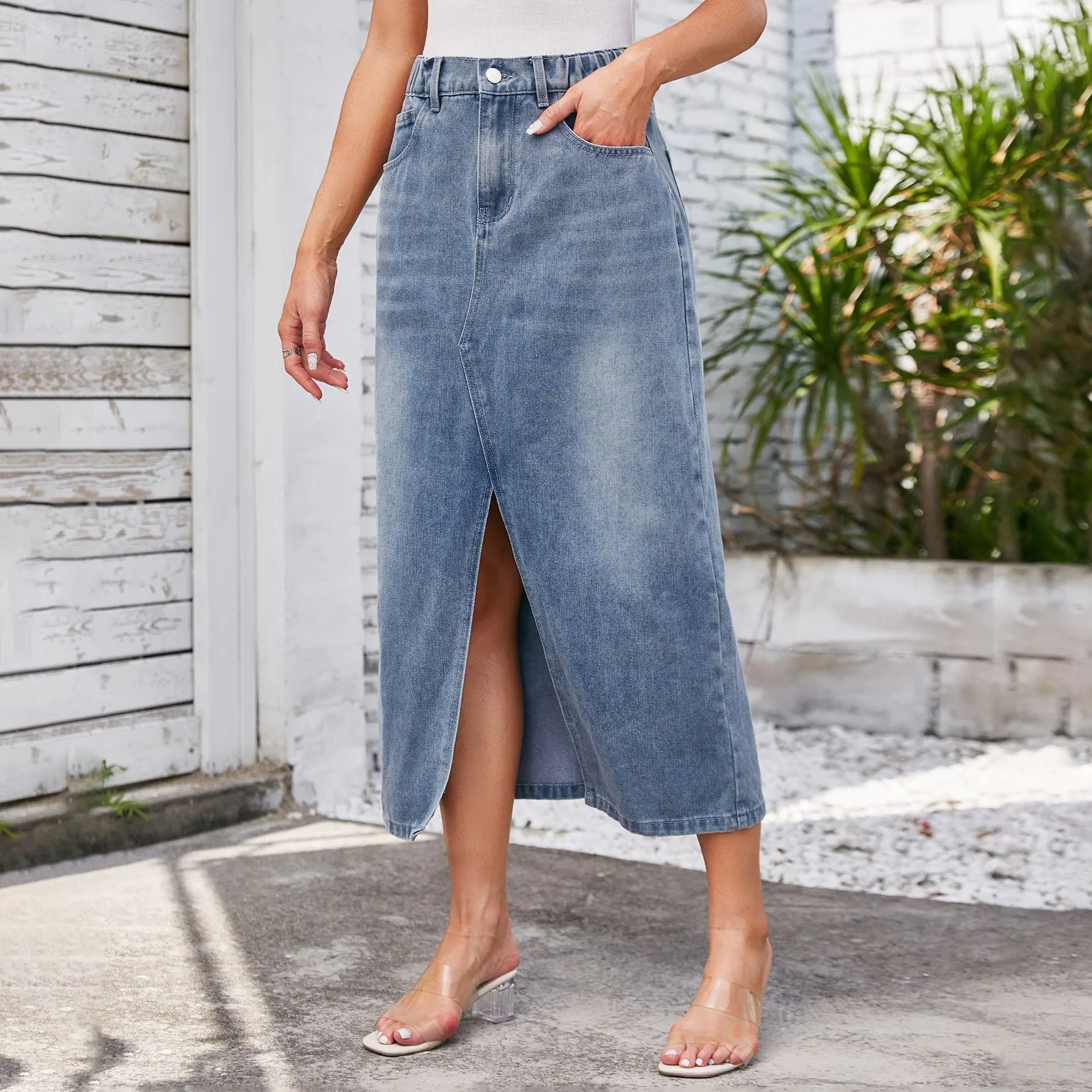 Washed Elastic High Waist Denim A-line Split Midi Skirt (Dark/Light Blue)