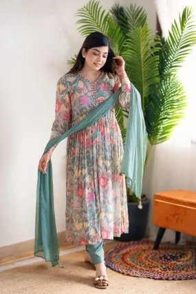 WOMAN GREEN FLORAL ALIA CUT SUIT SET WITH LINING IS AN INNER LAYER OF FABRIC