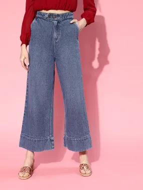 Women Basic Blue Wide Leg Extended Bottom Jeans