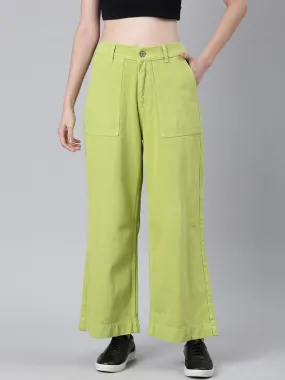 Women Lime Green Solid Wide Leg Denim Jeans