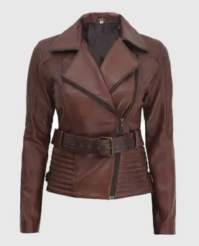 Women's Asymmetrical Quilted Brown Biker Leather Jacket