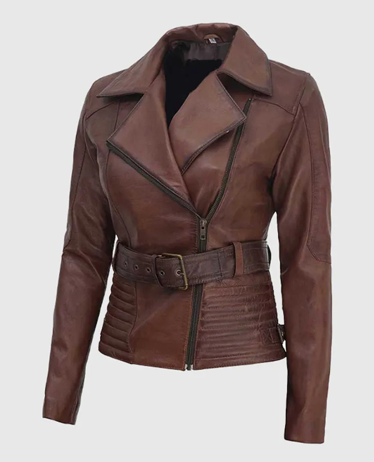 Women's Asymmetrical Quilted Brown Biker Leather Jacket