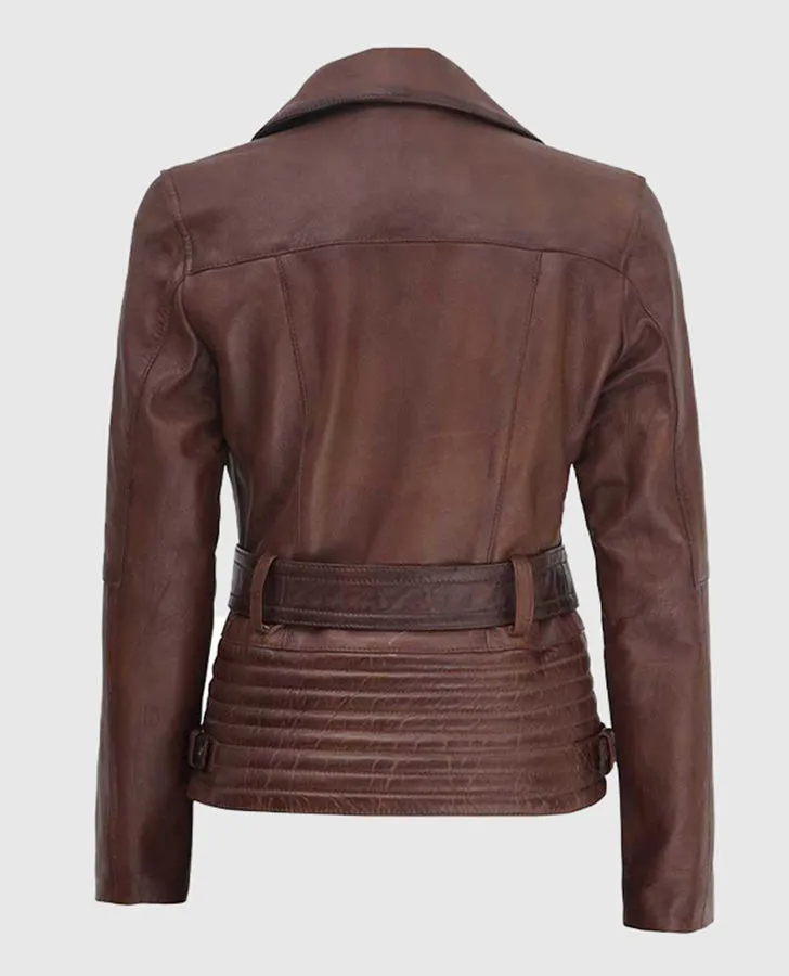 Women's Asymmetrical Quilted Brown Biker Leather Jacket