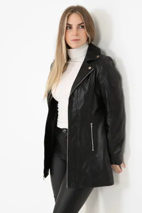 Women's Long Biker Style Leather Jacket - LINDA