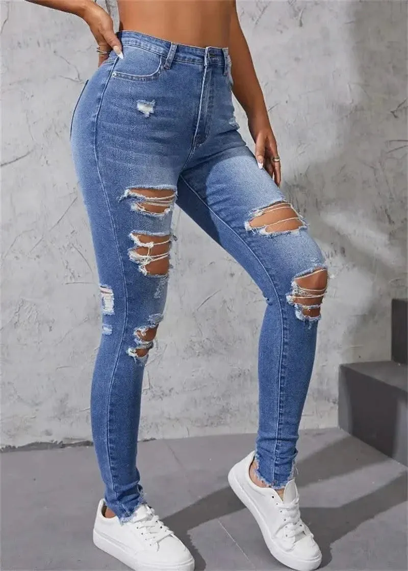 Women's Ripped Skinny Jeans - Fashionable High Stretch Slim Fit Butt Lift Denim Pencil Pants